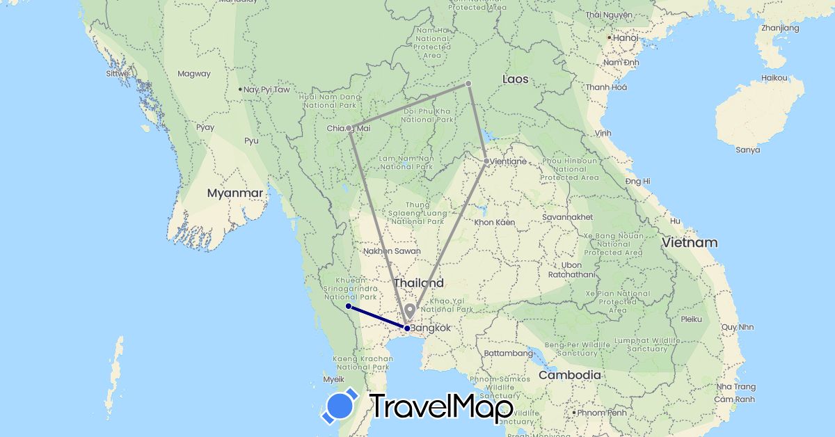 TravelMap itinerary: driving, plane in Laos, Thailand (Asia)